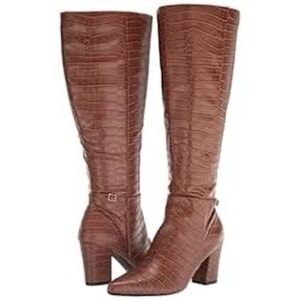 NWOB LifeStride Stratford Wide Calf Knee High Boot Brown Croc Faux Leather 8W‎